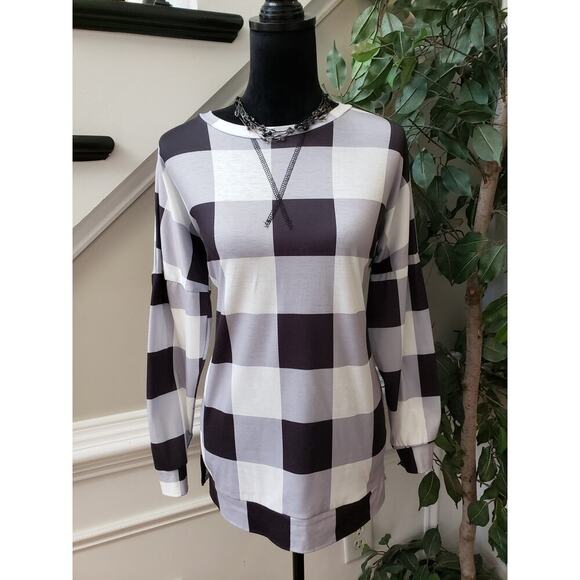 Women's Top Blouse Small Multi Buffalo Check Stretch Long Sleeve Round Neck Slit - Picture 1 of 10